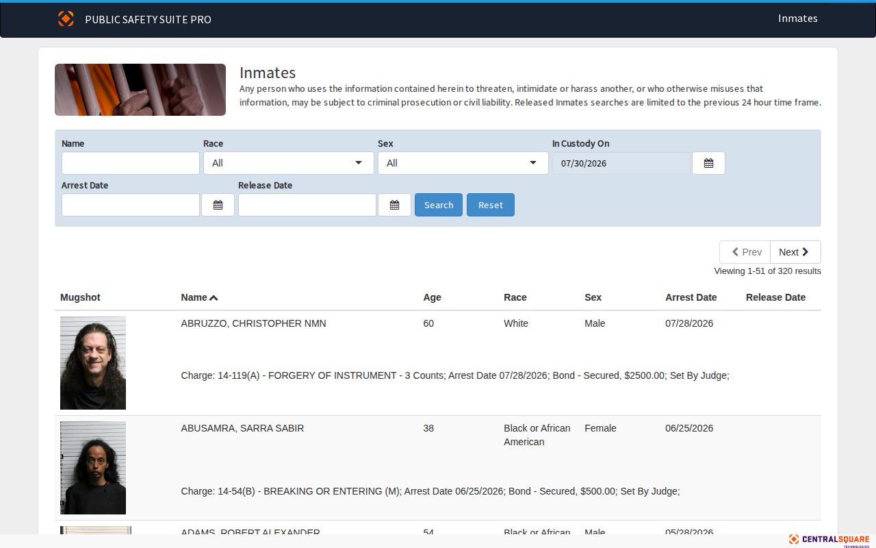 Brunswick County 24-hour released inmate portal fields