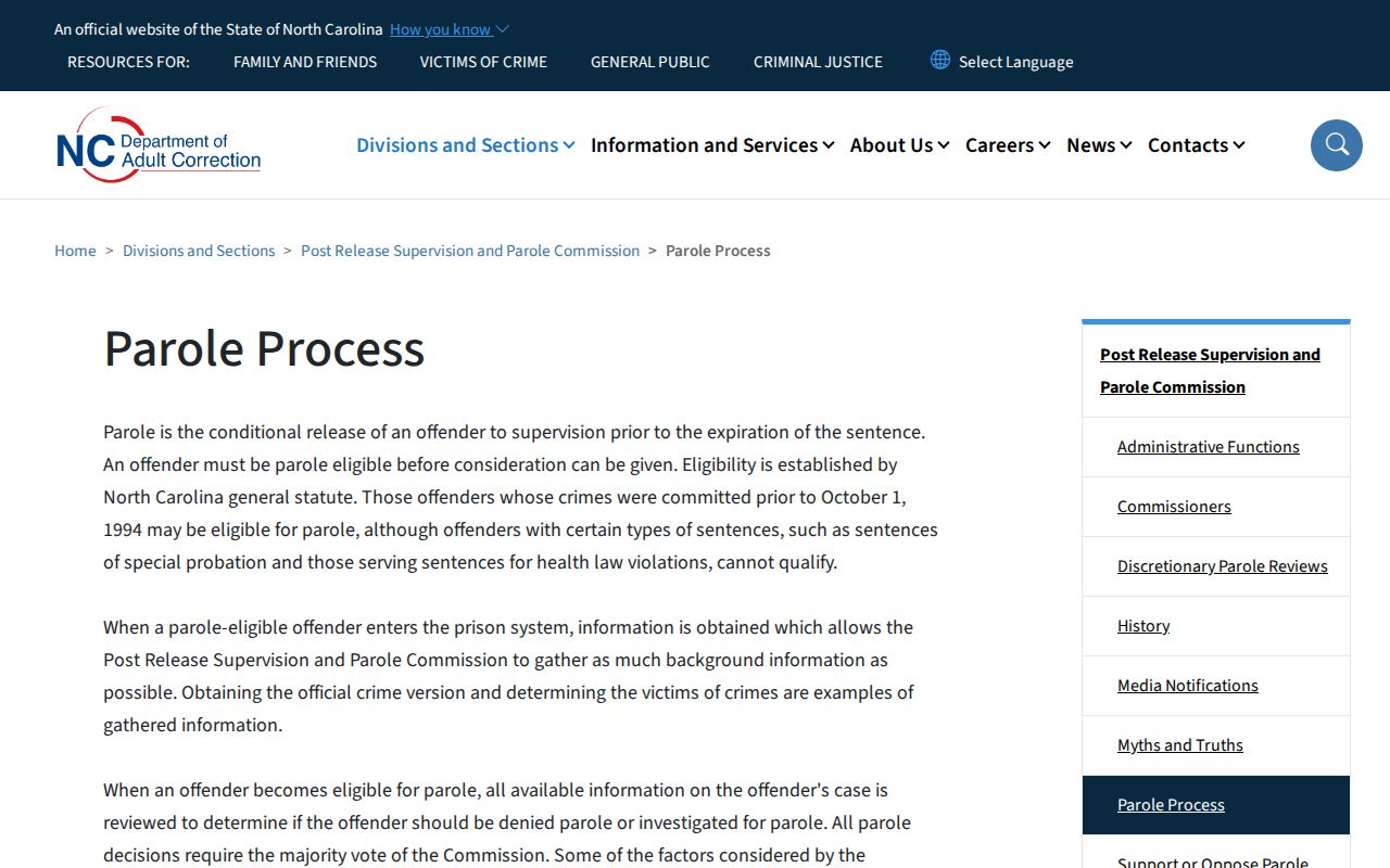 Brunswick County parole and probation official NCDAC parole process
