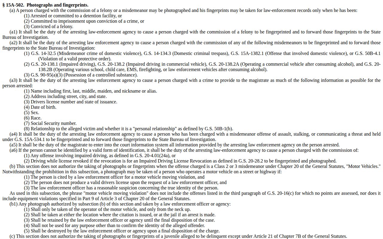 North Carolina law governing Brunswick County booking photographs